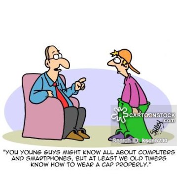 "You young guys might know all about computers and smartphones, but at least we old timers know how to wear a cap properly."